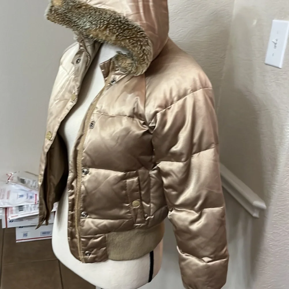 Old Navy tan/gold shiny puffer jacket with faux fur lined hood Size S